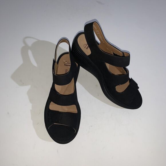 Clarks Sandals Womens Size 7.5 Black Reedly Juno Wedge Platform Comfort Leather - Picture 1 of 10